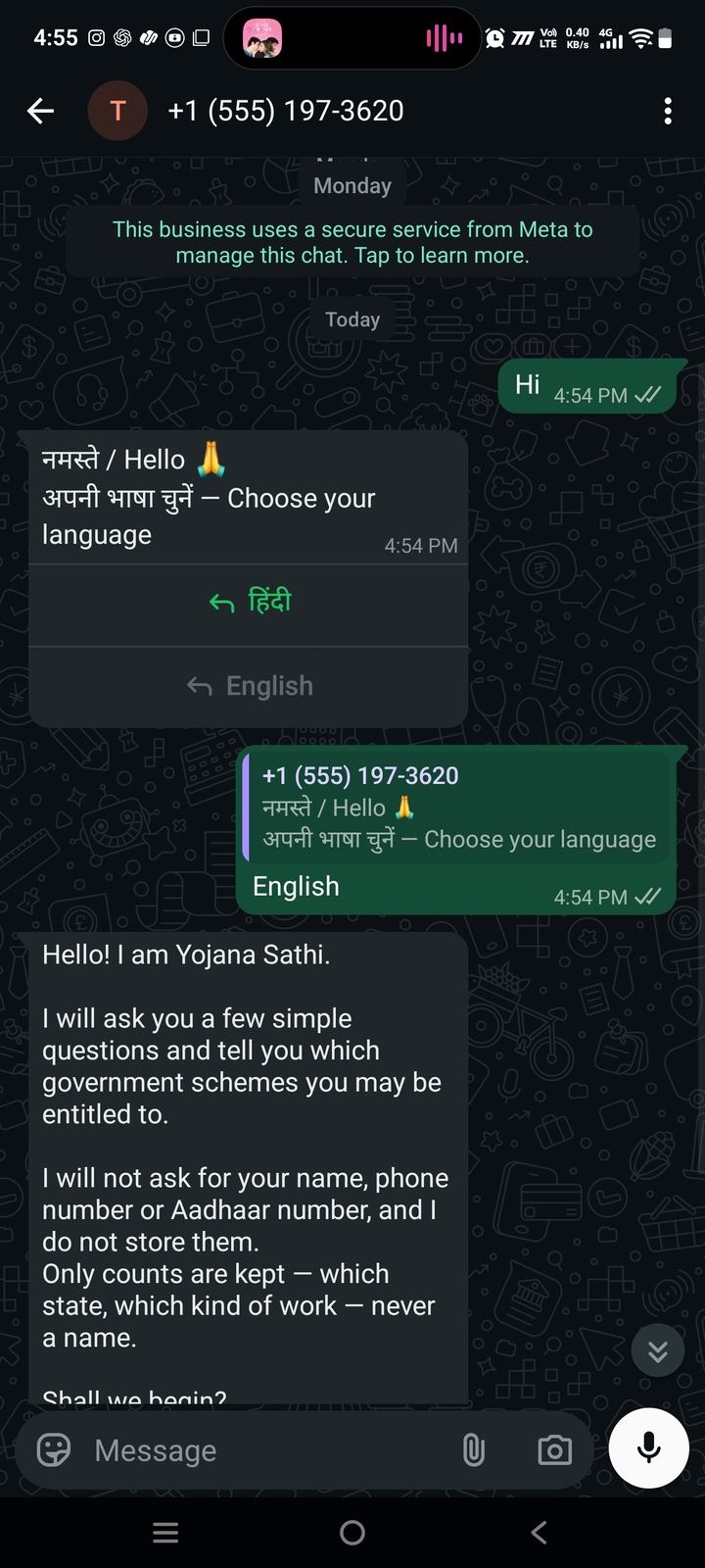 The WhatsApp bot offering Hindi and English as tappable buttons, then stating it will not ask for a name, phone number or Aadhaar number, and that only counts are kept.