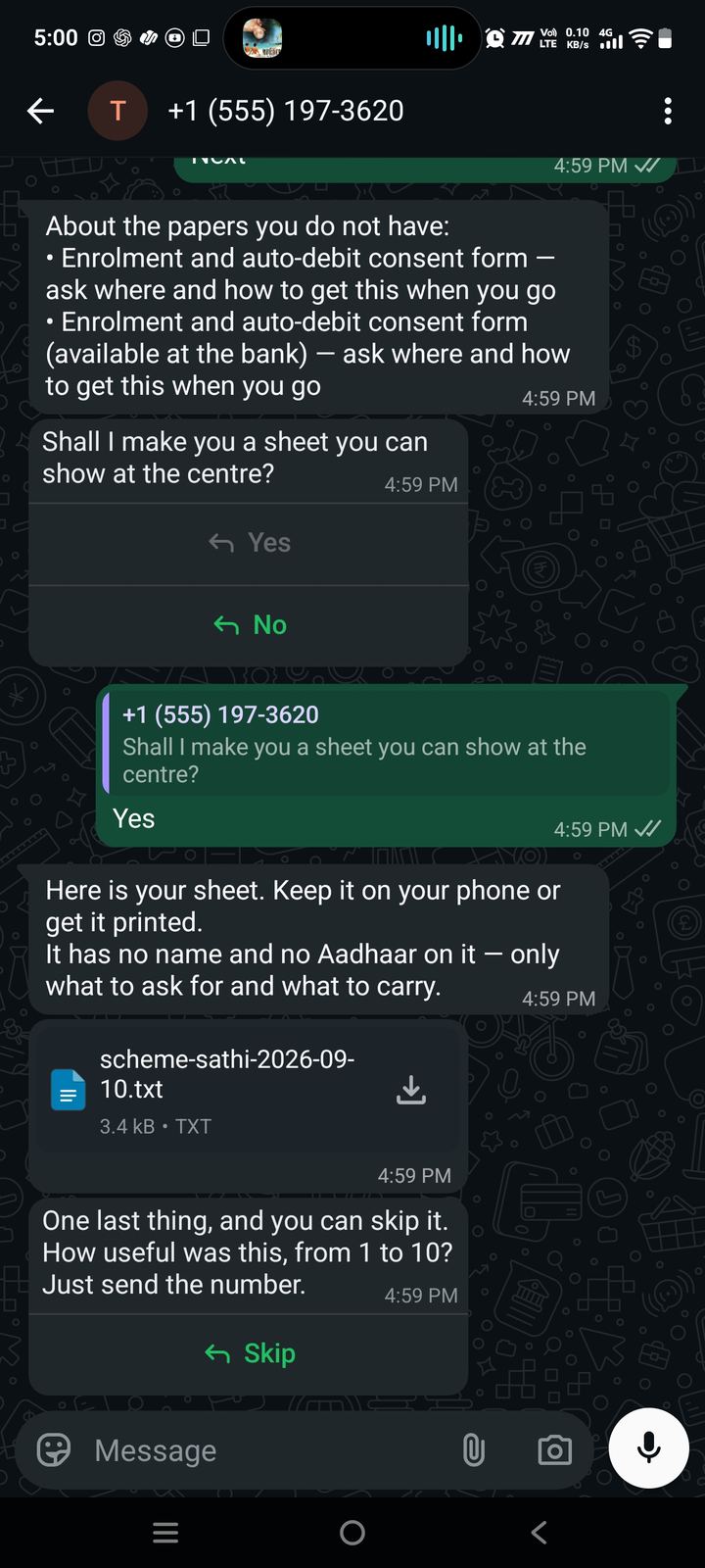 The WhatsApp bot offering to make a sheet, then delivering it as a file, saying it has no name and no Aadhaar on it — only what to ask for and what to carry.