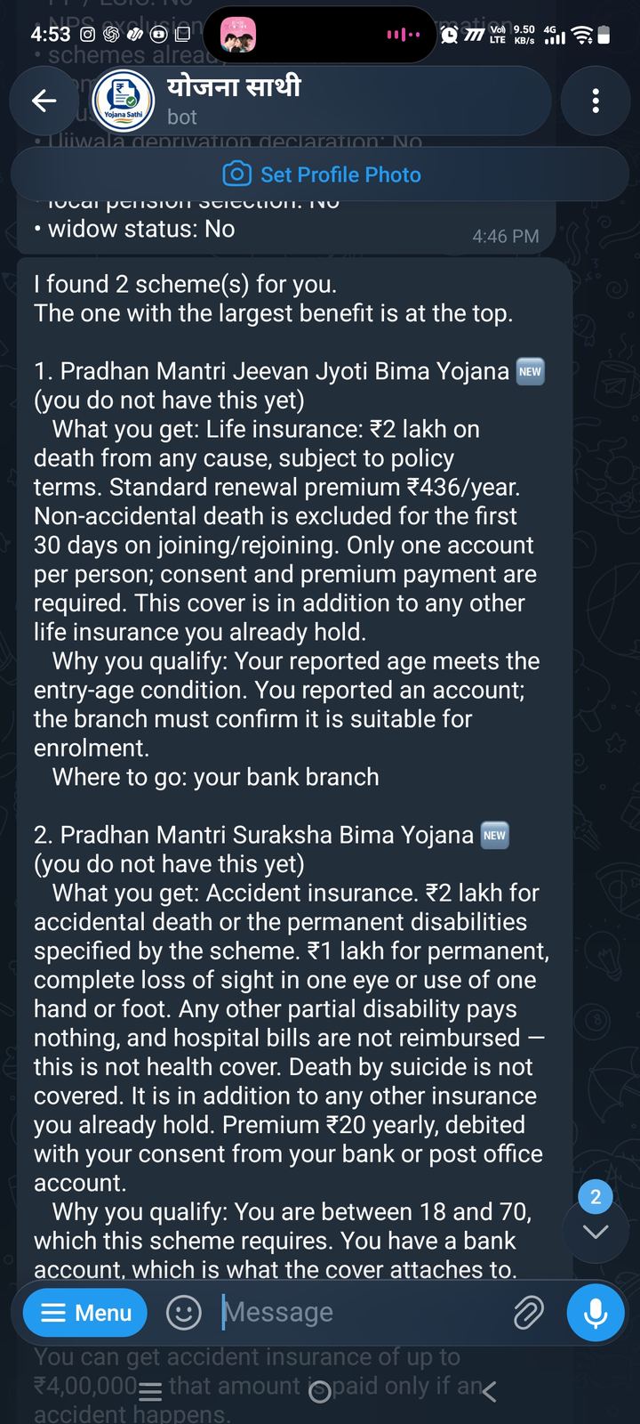 A Telegram result listing two schemes, each with what you get, why you qualify, and where to go — including the premium and what the cover excludes.